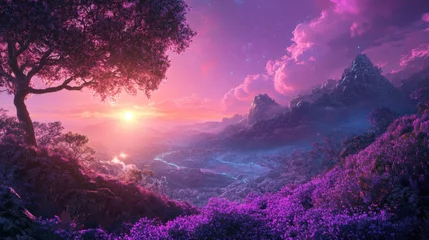 Gardinen Panoramic vista of a magical mountain valley at sunrise with vibrant purple flowers and trees. © amin11mario