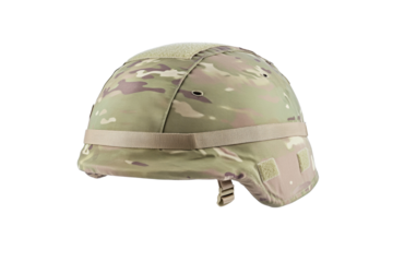 Camouflage helmet with a strap on the back, isolated