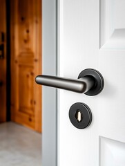 Modern door handle and keyhole showing sleek design in a contemporary home entrance with warm wooden accents