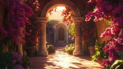Fototapeta premium Sunlit Bougainvillea Archway Garden Entrance