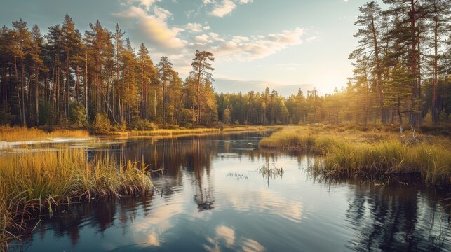 A tranquil river reflects the surrounding pine forest, bathed in warm light, creating a peaceful, serene natural scene.. - Powered by Adobe