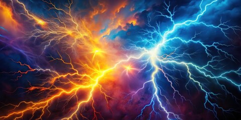 Fiery and Icy Lightning Bolts Clashing in a Dramatic Celestial Display of Power and Energy