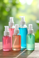 Colorful liquid bottles displayed on wooden surface in natural light environment capturing beauty and freshness