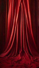 Fototapeta premium Elegant red curtains drape gracefully in a dimly lit room