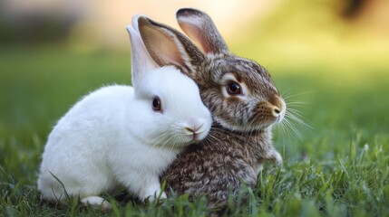 Fototapeta premium Two Adorable Rabbits Huddled Together in Green Grass