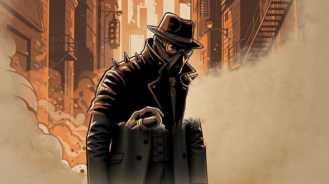 Vintage-Style Character Animation, Mysterious Figure in Smoky Cityscape Alley