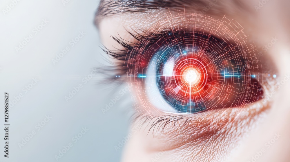 Poster close up showcases a human eye featuring a futuristic overlay of technological elements, suggesting 