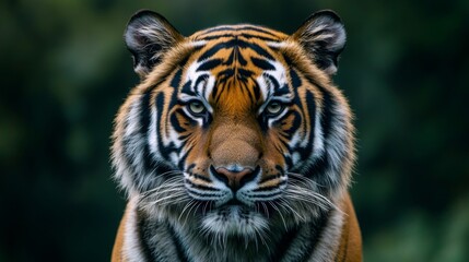Fototapeta premium Close Up Portrait of a Tiger Against a Dark Green Background