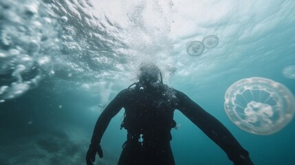 Underwater Diver Silhouette with Jellyfish in Dark Blue Water