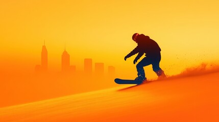 Silhouette of a skilled snowboarder against a vibrant orange sunset backdrop with urban skyline in the distance
