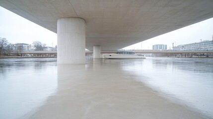 Concrete bridge over frozen river, urban background, calm scene, potential for architecture or travel use
