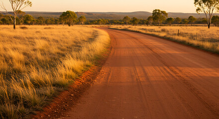 Fototapeta premium Nature’s Embrace: Dry Grass and Open Roads in the Heart of Australia