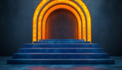 Illuminated archway over blue steps against dark textured wall
