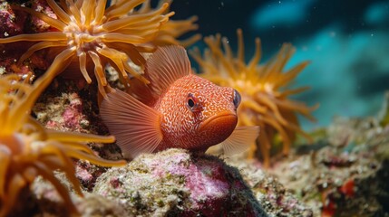 Obraz premium Red And White Spotted Fish Among Orange Corals Underwater