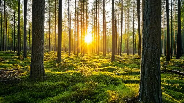 Sunlight filters through tall trees in a serene forest at sunrise, illuminating the lush green undergrowth