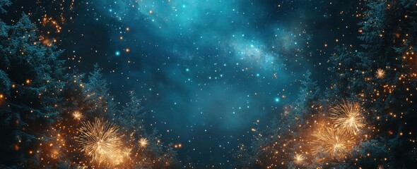 Naklejka premium Enchanting Night Sky Over Forest with Sparkling Fireworks and Ethereal Blue Atmosphere with Glittering Stars and Cosmic Elements