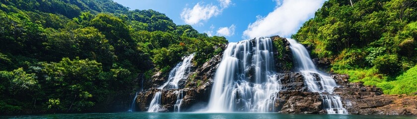 Fototapeta premium Majestic waterfall cascading into serene turquoise pool surrounded by lush tropical jungle landscapes