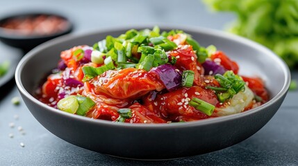 Spicy kimchi and pork stir-fry in bowl