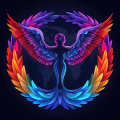Fototapeta premium A vibrant logo design showcases a woman figure with colorful wings symbolizing travel and nature. The world map backdrop enhances the theme of exploration and adventure.