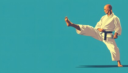 Bald man in karate uniform practicing kick technique barefoot