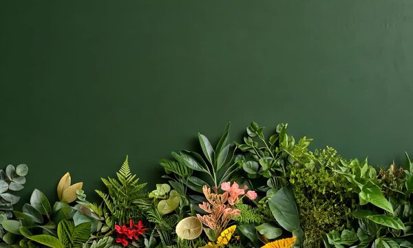 A vibrant display of fresh greenery against a dark backdrop, highlighting the beauty and richness of plants in a harmonious arrangement that breathes life into the scene.