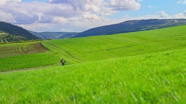 Beautiful grassy rolling hills with panoramic landscape view with backpacking hiker in the distance, Rhine Valley, Germany