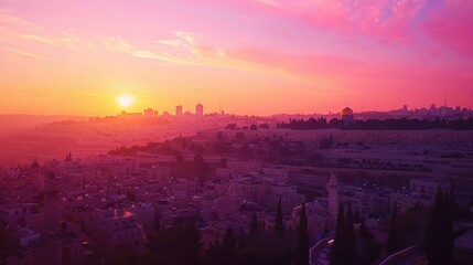 Naklejka premium Panoramic view of Jerusalem with Jesus silhouette on the hill during sunset