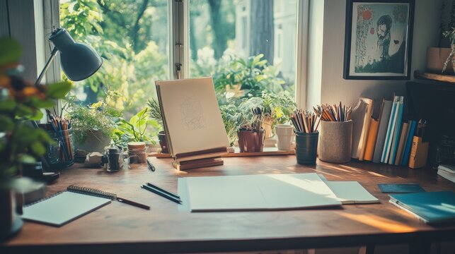 Cozy artist's desk by sunny window