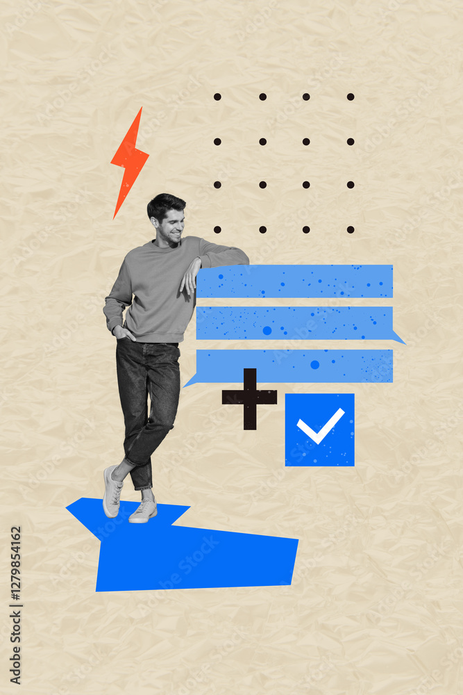 Poster art image vertical photo collage of happy man stand notification icon plus checkmark approval symbol