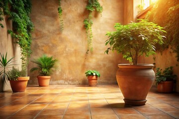 Sunlit Indoor Garden with Terracotta Pots and Lush Greenery