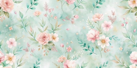 A Softly Painted Floral Pattern Featuring Delicate Roses and Blooming Botanicals on a Tranquil Aqua Background