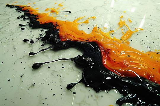 A smooth shiny smear of golden yellow red and black paint cascades across a clean white surface. The bold colors blend seamlessly encouraging artistic experimentation and inspiration.