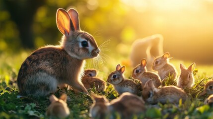 Obraz premium Brown Rabbit with Kits in a Sunny Field