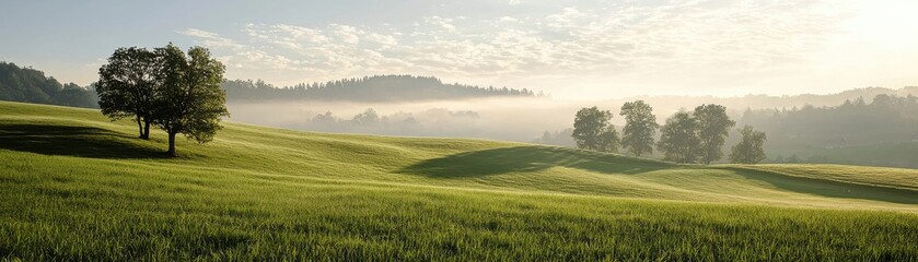 Fototapeta premium Serene Landscape with Rolling Green Hills, Trees, and Misty Morning Light at Sunrise
