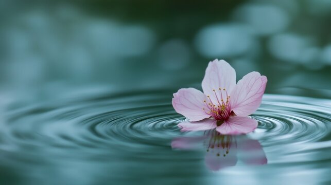Delicate Pink Cherry Blossom Floating on Water, Calm Serene Background. Possible Use Stock photo for nature, serenity, or spring-themed design