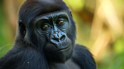 Obraz premium Closeup Portrait of a Calm Black Gorilla in a Lush Green Forest