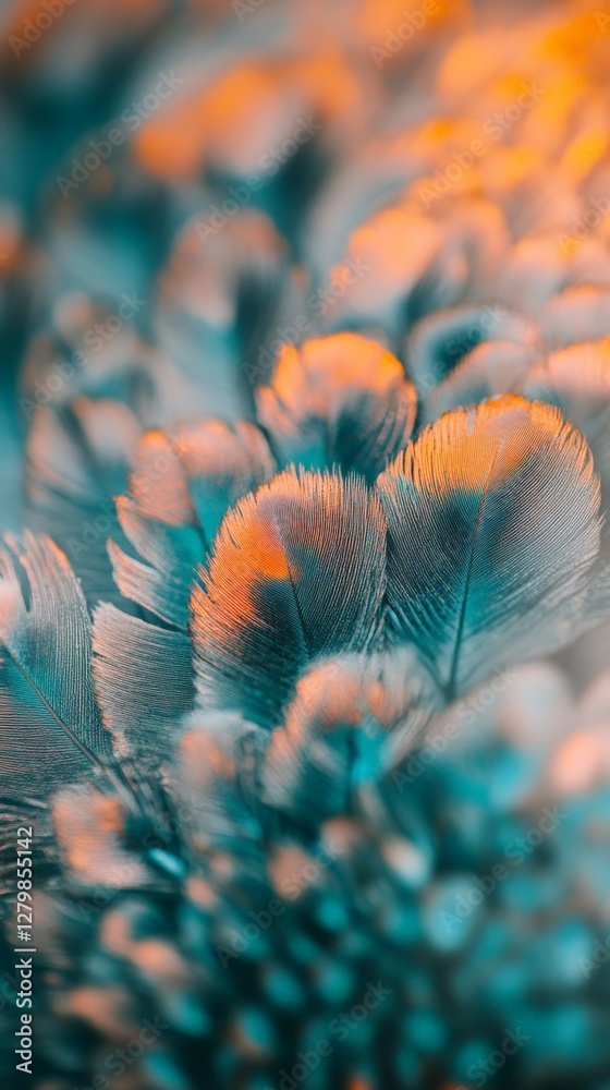 Poster Soft feathers in shades of turquoise and orange overlap, creating a delicate and textured background with a dreamy, ethereal quality, perfect for nature inspired designs
