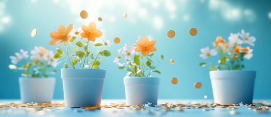 Cheerful Flower Pots with Coins and Bright Background for Joyful Vibes