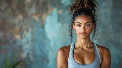 Young Woman with Curly Hair Posing Against Blue Background