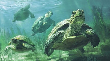 Fototapeta premium Four Turtles Swimming Underwater in Green Aquatic Plants