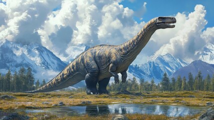 Fototapeta premium Large Brown Dinosaur in Snowy Mountain Landscape