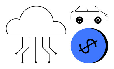 Cloud with circuit lines, car, and dollar sign. Ideal for technology, cloud services, automotive, finance, connectivity networking and digital economy themes. Blue and black abstract line flat