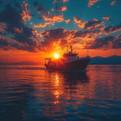 Fishing vessel sailing at sunset, ocean, dramatic sky, fiery clouds, golden hour.