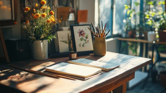 Artistic workspace with flowers and art supplies. Sunlight streams in.  Possible use showcasing a creative workspace