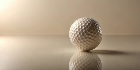 A single golf ball rests on a smooth, reflective surface, illuminated by soft, ambient light, creating a serene and minimalist scene.