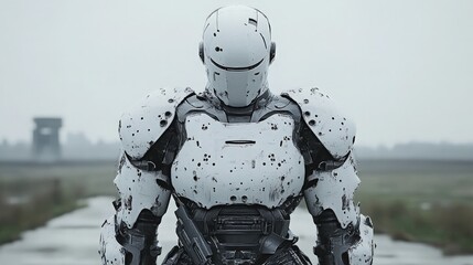 Futuristic humanoid robot in a desolate landscape under a cloudy sky, exuding a sense of mystery and advanced technology