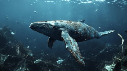 Naklejka premium Humpback Whale Underwater in Dark Blue Ocean