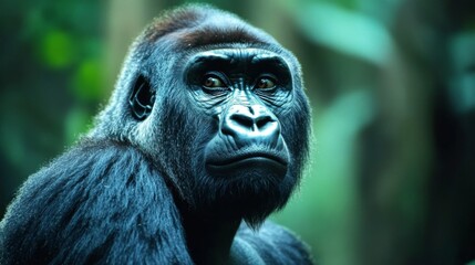 Obraz premium Closeup Portrait of a Powerful Gorilla in a Dark Green Rainforest