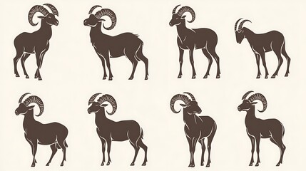 Naklejka premium Silhouettes of rams in various poses on light background