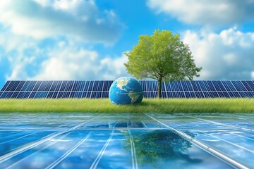 Photovoltaic Panels on Grass with Blue Sky, Green Tree, Globe Reflecting Water Surface. Represents Solar Energy and Sustainable Development.